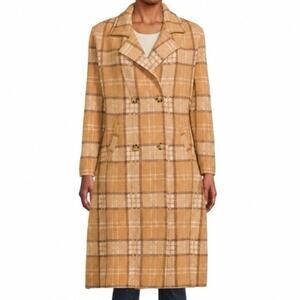 Cliche Plaid Long Coat Camel Tan Double Breasted Preppy Old Money - Sz Large